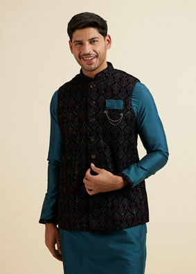 alt message - Manyavar Men Dark Blue & Teal Blue Sequined Jacket Set image number 0